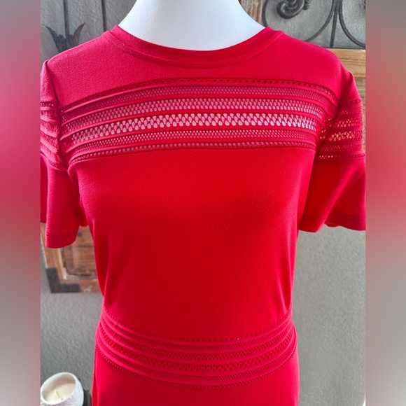 Michael Kors Bright Red Open Weave Mesh Insert Dress w/Ruffled Hem - Sz M - Picture 8 of 16
